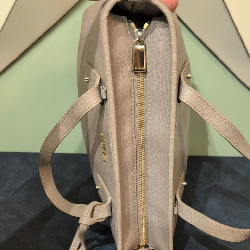 Furla Taupe Leather Tote Handbag Nice Purse 13 x 8 Stylish Club Career - Picture 9 of 16